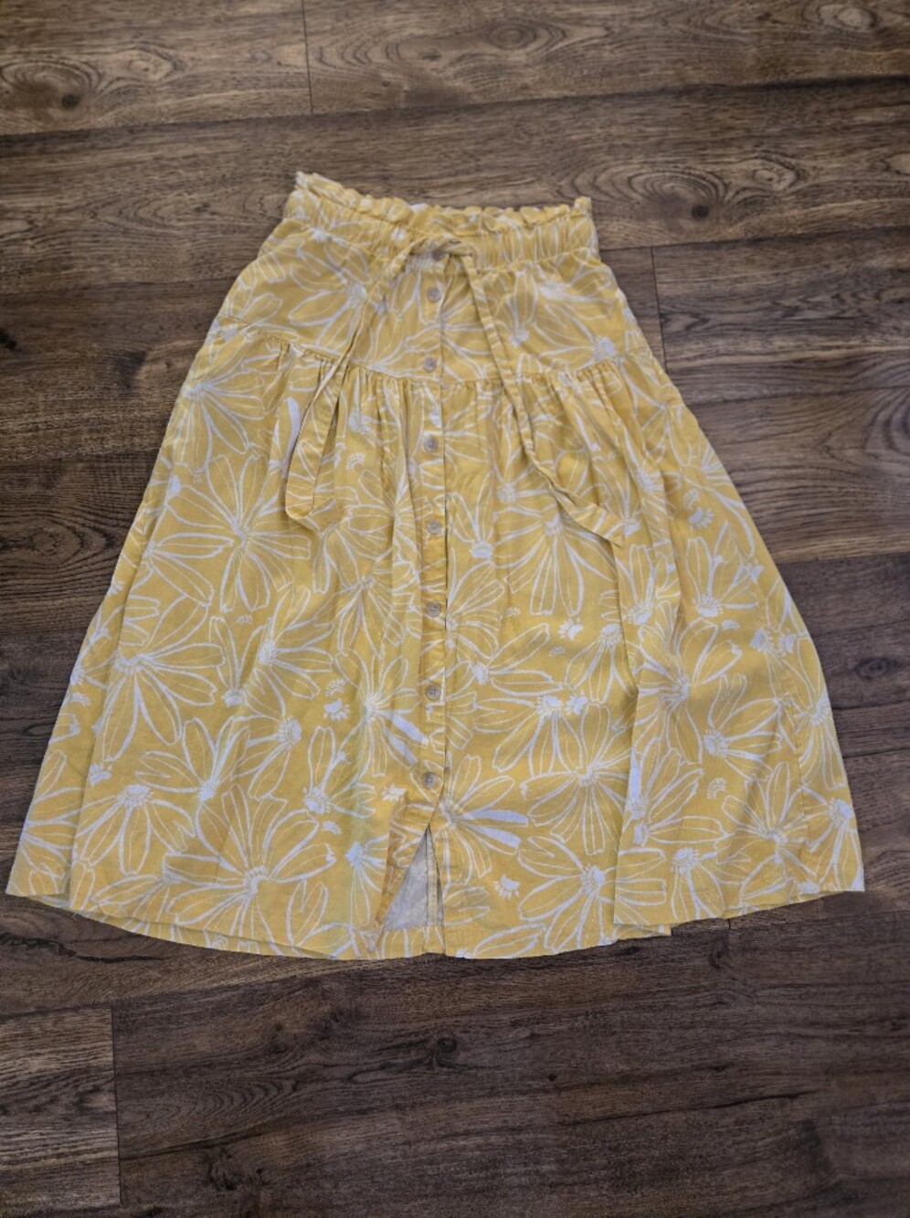 Yellow Linen Blend Floral Tie-Waist Midi Skirt - Picture 2 of 4